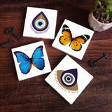 Pinecone Stone Nazar, Kelebek Taş Bardak Altlığı – 4’lü Set, 10x10 cm Dekoratif Masaüstü Koruyucu Doğaltaş Altlık |SC309|