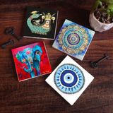 Pinecone Stone Nazar, Mandala, Fil, Şahmeran Taş Bardak Altlığı – 4’lü Set, 10x10 cm Dekoratif Masaüstü Koruyucu Doğaltaş Altlık |SC124|