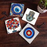 Pinecone Stone Nazar, Nar Ağacı, Fatma Ana Eli (Hamsa) Taş Bardak Altlığı – 4’lü Set, 10x10 cm Dekoratif Masaüstü Koruyucu Doğaltaş Altlık |SC370|