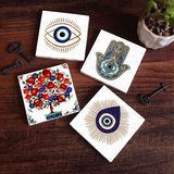Pinecone Stone Nazar, Nar Ağacı, Fatma Ana Eli (Hamsa) Taş Bardak Altlığı – 4’lü Set, 10x10 cm Dekoratif Masaüstü Koruyucu Doğaltaş Altlık |SC409|