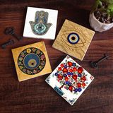 Pinecone Stone Nazar, Nar Ağacı, Fatma Ana Eli (Hamsa) Taş Bardak Altlığı – 4’lü Set, 10x10 cm Dekoratif Masaüstü Koruyucu Doğaltaş Altlık |SC509|