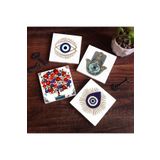 Pinecone Stone Nazar, Nar Ağacı, Fatma Ana Eli (Hamsa) Taş Bardak Altlığı Seti - 4 Parça - Dekoratif, Rustik Mutfak Aksesuarı, 10x10 cm, Kaydırmaz Tabanlı, Şık ve Dayanıklı SC409