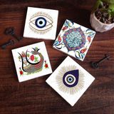 Pinecone Stone Nazar, Şahmeran, Çini Sanatı Taş Bardak Altlığı – 4’lü Set, 10x10 cm Dekoratif Masaüstü Koruyucu Doğaltaş Altlık |SC411|