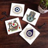 Pinecone Stone Nazar, Şahmeran, Fatma Ana Eli (Hamsa) Taş Bardak Altlığı – 4’lü Set, 10x10 cm Dekoratif Masaüstü Koruyucu Doğaltaş Altlık |SC404|