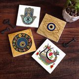 Pinecone Stone Nazar, Şahmeran, Fatma Ana Eli (Hamsa) Taş Bardak Altlığı – 4’lü Set, 10x10 cm Dekoratif Masaüstü Koruyucu Doğaltaş Altlık |SC510|