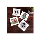Pinecone Stone Nazar, Şahmeran, Fatma Ana Eli (Hamsa) Taş Bardak Altlığı Seti - 4 Parça - Dekoratif, Rustik Mutfak Aksesuarı, 10x10 cm, Kaydırmaz Tabanlı, Şık ve Dayanıklı SC404