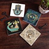 Pinecone Stone Nazar, Şahmeran, Hayat Ağacı, Fatma Ana Eli (Hamsa) Taş Bardak Altlığı – 4’lü Set, 10x10 cm Dekoratif Masaüstü Koruyucu Doğaltaş Altlık |SC165|
