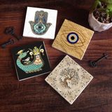Pinecone Stone Nazar, Şahmeran, Hayat Ağacı, Fatma Ana Eli (Hamsa) Taş Bardak Altlığı – 4’lü Set, 10x10 cm Dekoratif Masaüstü Koruyucu Doğaltaş Altlık |SC505|