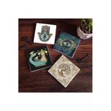 Pinecone Stone Nazar, Şahmeran, Hayat Ağacı, Fatma Ana Eli (Hamsa) Taş Bardak Altlığı Seti - 4 Parça - Dekoratif, Rustik Mutfak Aksesuarı, 10x10 cm, Kaydırmaz Tabanlı, Şık ve Dayanıklı SC165
