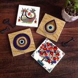 Pinecone Stone Nazar, Şahmeran, Nar Ağacı Taş Bardak Altlığı – 4’lü Set, 10x10 cm Dekoratif Masaüstü Koruyucu Doğaltaş Altlık |SC524|