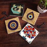 Pinecone Stone Nazar, Şahmeran, Nar Ağacı Taş Bardak Altlığı – 4’lü Set, 10x10 cm Dekoratif Masaüstü Koruyucu Doğaltaş Altlık |SC525|