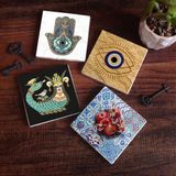 Pinecone Stone Nazar, Şahmeran, Nar, Fatma Ana Eli (Hamsa) Taş Bardak Altlığı – 4’lü Set, 10x10 cm Dekoratif Masaüstü Koruyucu Doğaltaş Altlık |SC507|