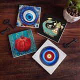 Pinecone Stone Nazar, Şahmeran, Nar Taş Bardak Altlığı – 4’lü Set, 10x10 cm Dekoratif Masaüstü Koruyucu Doğaltaş Altlık |SC371|