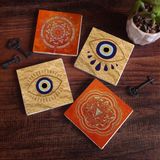 Pinecone Stone Nazar, Sri Yantra, Mandala Taş Bardak Altlığı – 4’lü Set, 10x10 cm Dekoratif Masaüstü Koruyucu Doğaltaş Altlık |SC301|