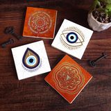 Pinecone Stone Nazar, Sri Yantra, Mandala Taş Bardak Altlığı – 4’lü Set, 10x10 cm Dekoratif Masaüstü Koruyucu Doğaltaş Altlık |SC304|