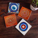 Pinecone Stone Nazar, Sri Yantra, Mandala Taş Bardak Altlığı – 4’lü Set, 10x10 cm Dekoratif Masaüstü Koruyucu Doğaltaş Altlık |SC382|
