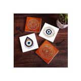 Pinecone Stone Nazar, Sri Yantra, Mandala Taş Bardak Altlığı Seti - 4 Parça - Dekoratif, Rustik Mutfak Aksesuarı, 10x10 cm, Kaydırmaz Tabanlı, Şık ve Dayanıklı SC304