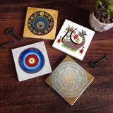 Pinecone Stone Nazar, Sri Yantra, Şahmeran Taş Bardak Altlığı – 4’lü Set, 10x10 cm Dekoratif Masaüstü Koruyucu Doğaltaş Altlık |SC210|