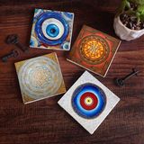 Pinecone Stone Nazar, Sri Yantra Taş Bardak Altlığı – 4’lü Set, 10x10 cm Dekoratif Masaüstü Koruyucu Doğaltaş Altlık |SC384|