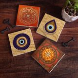 Pinecone Stone Nazar, Sri Yantra Taş Bardak Altlığı – 4’lü Set, 10x10 cm Dekoratif Masaüstü Koruyucu Doğaltaş Altlık |SC520|