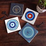 Pinecone Stone Nazar Taş Bardak Altlığı – 4’lü Set, 10x10 cm Dekoratif Masaüstü Koruyucu Doğaltaş Altlık |SC166|