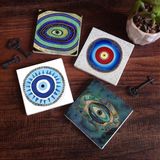 Pinecone Stone Nazar Taş Bardak Altlığı – 4’lü Set, 10x10 cm Dekoratif Masaüstü Koruyucu Doğaltaş Altlık |SC167|