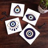 Pinecone Stone Nazar Taş Bardak Altlığı – 4’lü Set, 10x10 cm Dekoratif Masaüstü Koruyucu Doğaltaş Altlık |SC238|