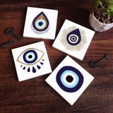 Pinecone Stone Nazar Taş Bardak Altlığı – 4’lü Set, 10x10 cm Dekoratif Masaüstü Koruyucu Doğaltaş Altlık |SC239|