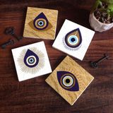 Pinecone Stone Nazar Taş Bardak Altlığı – 4’lü Set, 10x10 cm Dekoratif Masaüstü Koruyucu Doğaltaş Altlık |SC248|