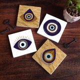Pinecone Stone Nazar Taş Bardak Altlığı – 4’lü Set, 10x10 cm Dekoratif Masaüstü Koruyucu Doğaltaş Altlık |SC250|