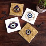 Pinecone Stone Nazar Taş Bardak Altlığı – 4’lü Set, 10x10 cm Dekoratif Masaüstü Koruyucu Doğaltaş Altlık |SC251|