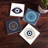 Pinecone Stone Nazar Taş Bardak Altlığı – 4’lü Set, 10x10 cm Dekoratif Masaüstü Koruyucu Doğaltaş Altlık |SC315|