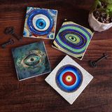 Pinecone Stone Nazar Taş Bardak Altlığı – 4’lü Set, 10x10 cm Dekoratif Masaüstü Koruyucu Doğaltaş Altlık |SC395|