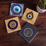 Pinecone Stone Nazar Taş Bardak Altlığı – 4’lü Set, 10x10 cm Dekoratif Masaüstü Koruyucu Doğaltaş Altlık |SC517|