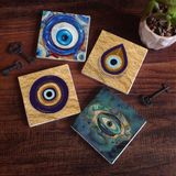 Pinecone Stone Nazar Taş Bardak Altlığı – 4’lü Set, 10x10 cm Dekoratif Masaüstü Koruyucu Doğaltaş Altlık |SC519|