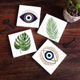 Pinecone Stone Nazar, Yaprak Taş Bardak Altlığı – 4’lü Set, 10x10 cm Dekoratif Masaüstü Koruyucu Doğaltaş Altlık |SC352|