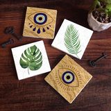Pinecone Stone Nazar, Yaprak Taş Bardak Altlığı – 4’lü Set, 10x10 cm Dekoratif Masaüstü Koruyucu Doğaltaş Altlık |SC357|