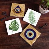 Pinecone Stone Nazar, Yaprak Taş Bardak Altlığı – 4’lü Set, 10x10 cm Dekoratif Masaüstü Koruyucu Doğaltaş Altlık |SC358|