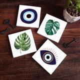 Pinecone Stone Nazar, Yaprak Taş Bardak Altlığı – 4’lü Set, 10x10 cm Dekoratif Masaüstü Koruyucu Doğaltaş Altlık |SC418|