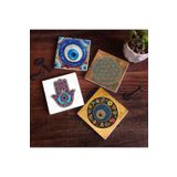 Pinecone Stone Nazar, Yaşam Çiçeği, Fatma Ana Eli (Hamsa) Taş Bardak Altlığı Seti - 4 Parça - Dekoratif, Rustik Mutfak Aksesuarı, 10x10 cm, Kaydırmaz Tabanlı, Şık ve Dayanıklı SC470