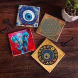 Pinecone Stone Nazar, Yaşam Çiçeği, Fil Taş Bardak Altlığı – 4’lü Set, 10x10 cm Dekoratif Masaüstü Koruyucu Doğaltaş Altlık |SC477|