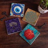 Pinecone Stone Nazar, Yaşam Çiçeği, Hayat Ağacı, Nar Taş Bardak Altlığı – 4’lü Set, 10x10 cm Dekoratif Masaüstü Koruyucu Doğaltaş Altlık |SC464|