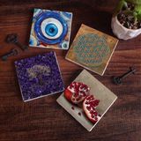 Pinecone Stone Nazar, Yaşam Çiçeği, Hayat Ağacı, Nar Taş Bardak Altlığı – 4’lü Set, 10x10 cm Dekoratif Masaüstü Koruyucu Doğaltaş Altlık |SC465|