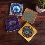Pinecone Stone Nazar, Yaşam Çiçeği, Hayat Ağacı Taş Bardak Altlığı – 4’lü Set, 10x10 cm Dekoratif Masaüstü Koruyucu Doğaltaş Altlık |SC467|