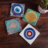 Pinecone Stone Nazar, Yaşam Çiçeği, Lotus Çiçeği Taş Bardak Altlığı – 4’lü Set, 10x10 cm Dekoratif Masaüstü Koruyucu Doğaltaş Altlık |SC391|