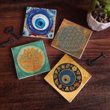Pinecone Stone Nazar, Yaşam Çiçeği, Lotus Çiçeği Taş Bardak Altlığı – 4’lü Set, 10x10 cm Dekoratif Masaüstü Koruyucu Doğaltaş Altlık |SC475|
