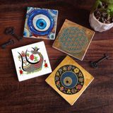 Pinecone Stone Nazar, Yaşam Çiçeği, Şahmeran Taş Bardak Altlığı – 4’lü Set, 10x10 cm Dekoratif Masaüstü Koruyucu Doğaltaş Altlık |SC469|