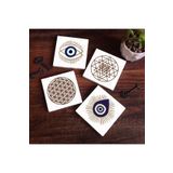 Pinecone Stone Nazar, Yaşam Çiçeği, Sri Yantra Taş Bardak Altlığı Seti - 4 Parça - Dekoratif, Rustik Mutfak Aksesuarı, 10x10 cm, Kaydırmaz Tabanlı, Şık ve Dayanıklı SC413