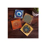 Pinecone Stone Nazar, Yaşam Çiçeği, Sri Yantra Taş Bardak Altlığı Seti - 4 Parça - Dekoratif, Rustik Mutfak Aksesuarı, 10x10 cm, Kaydırmaz Tabanlı, Şık ve Dayanıklı SC472