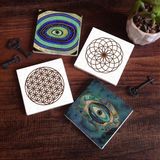 Pinecone Stone Nazar, Yaşam Çiçeği Taş Bardak Altlığı – 4’lü Set, 10x10 cm Dekoratif Masaüstü Koruyucu Doğaltaş Altlık |SC168|